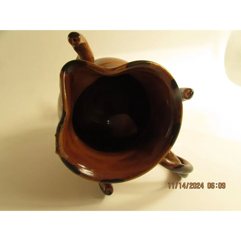 Studio Pottery Creamer brown glazed with flowers artist signed braided handle